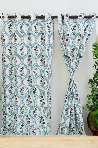 Blue Flower Print White Curtains