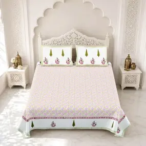 Designer Pink Floral Block Printed Cotton Bedsheet