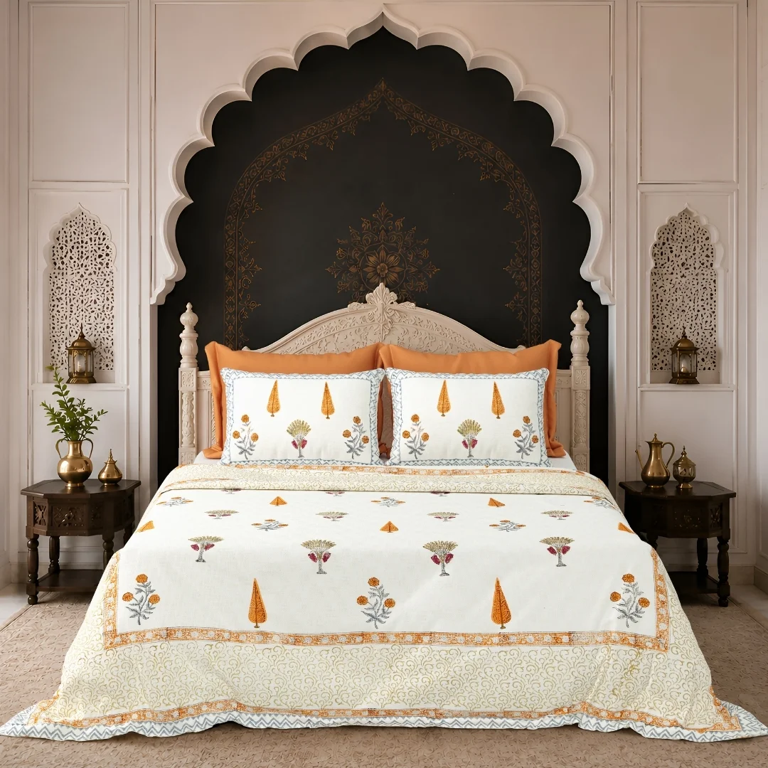 Orange Flower Hand Block Printed Cotton Bedcover-Jaipur Wholesaler
