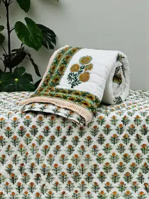 Green and Yellow Flower Printed White Quilt