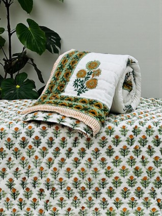 Green and Yellow Flower Printed White Quilt