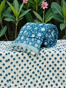 Blue and White Lotus Printed Quilt