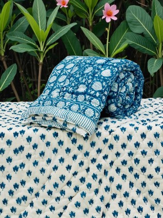 Blue and White Lotus Printed Quilt