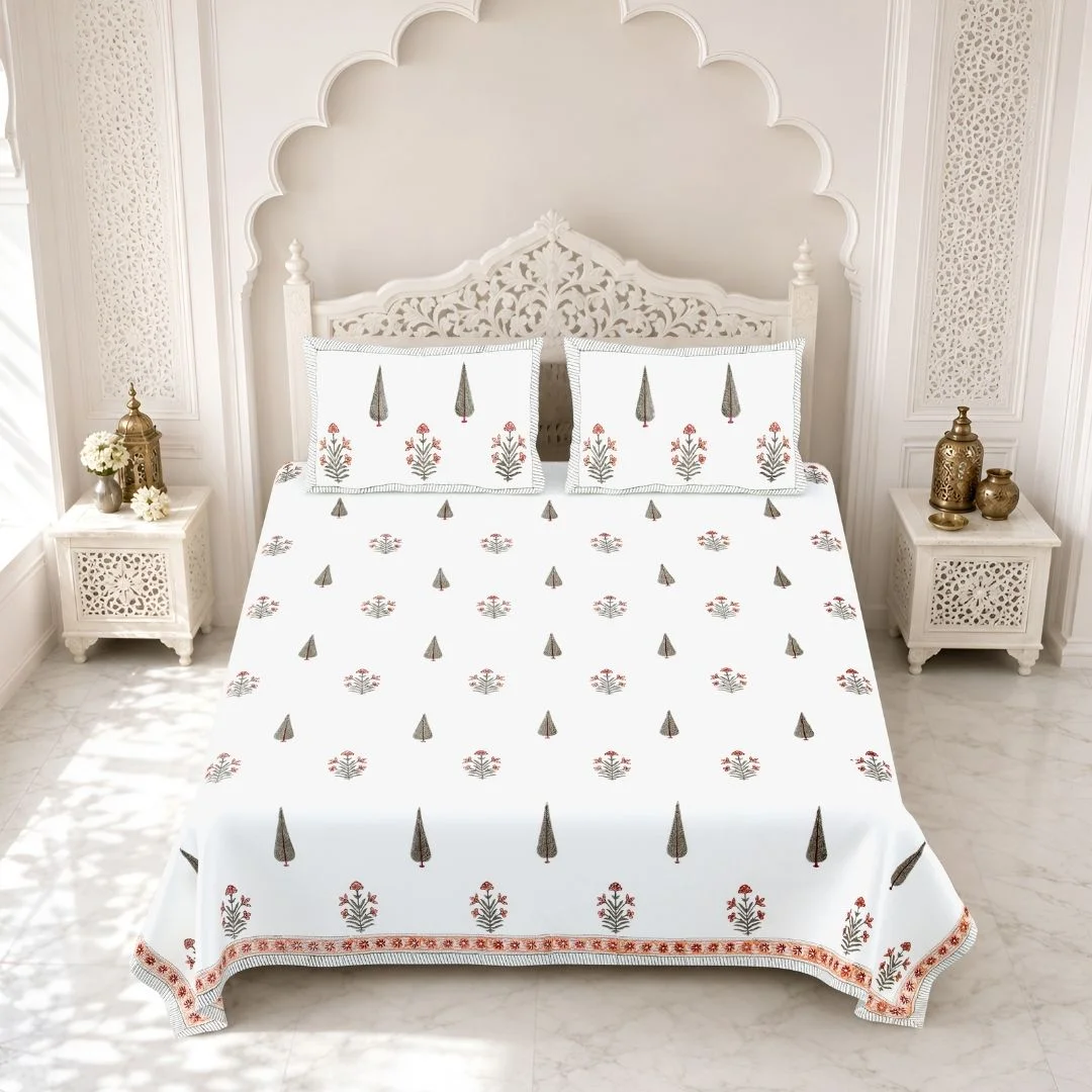 Red Floral Hand Block Print Percale Cotton Bedsheet