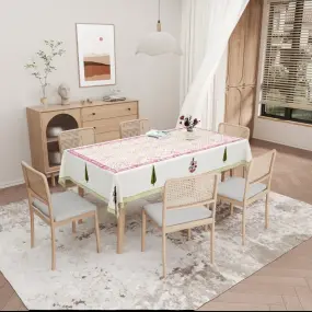 Pink Floral Block Printed Cotton Table Cover