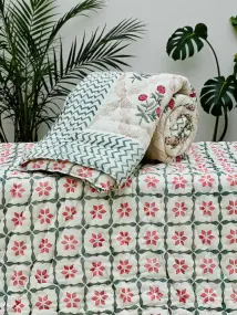 Pink and Green Floral Printed White Quilts