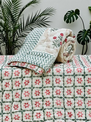 Pink and Green Floral Printed White Quilts