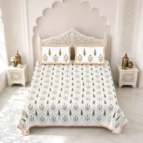 Green And Orange Floral Hand Block Print Cotton Bedsheet