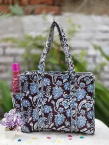 Brown Color Blue Floral Print Tote Bag