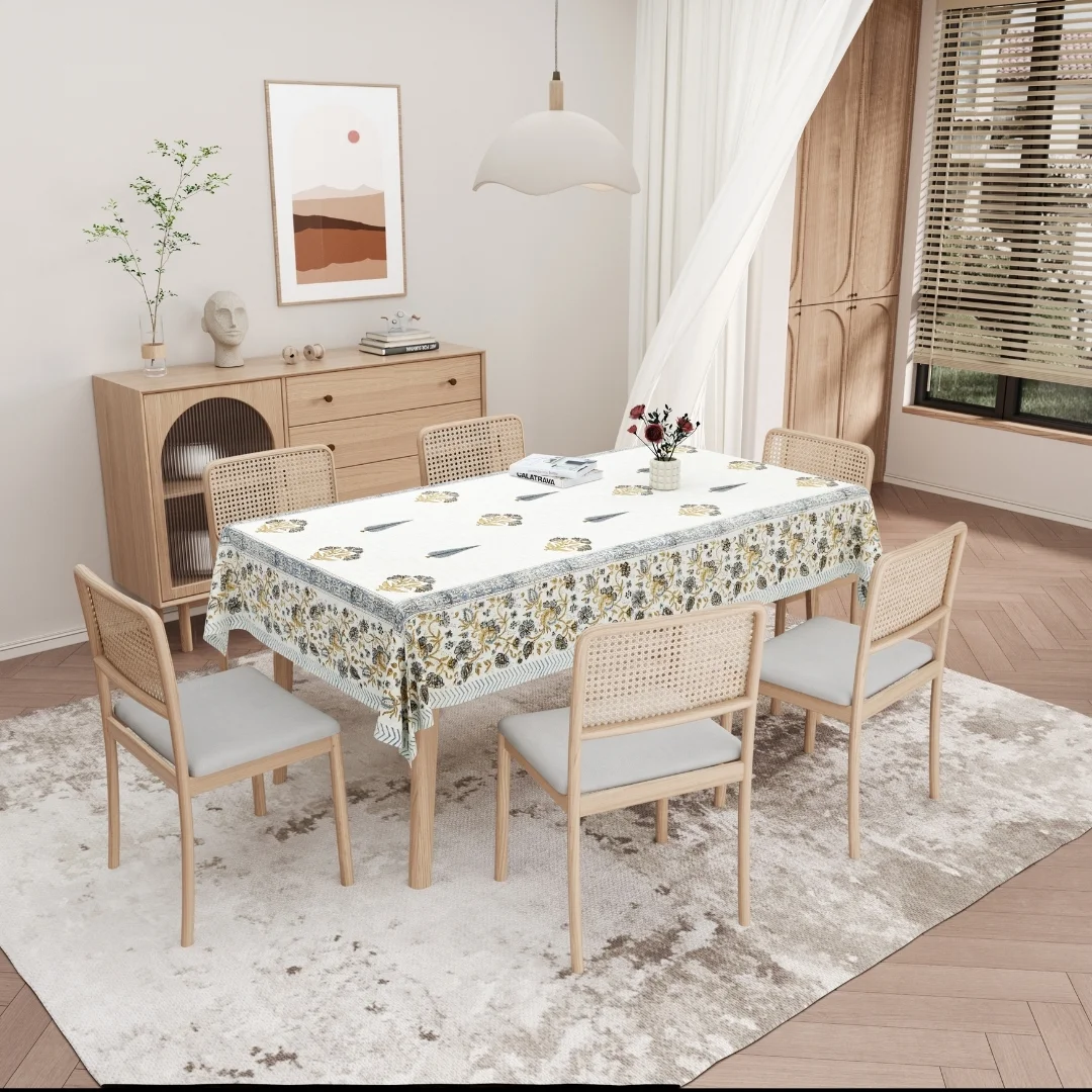 Golden Flower Block Printed Cotton Table Cover-Jaipur Wholesaler